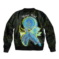 (Custom Personalised) Palau Sleeve Zip Bomber Jacket Hibiscus Turtle Mix Coat Of Arms Black Version LT14 - Polynesian Pride