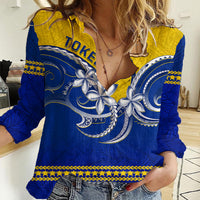 Personalised Tokelau Women Casual Shirt Tokelauan Tatau Plumeria Special Style LT14 Female Blue - Polynesian Pride