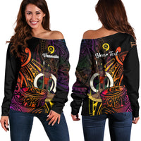 (Custom Personalised) Vanuatu Off Shoulder Sweater Kava Bowl Mix Polynesian Gradient Style LT14 Women Black - Polynesian Pride