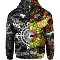 Custom New Zealand Australia Zip Hoodie for Kid Maori and Aboriginal Together Black LT8 - Polynesian Pride