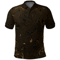 New Zealand Polo Shirt, Maori Gods Golf Shirt, Tumatauenga (God of War) Gold Black - Polynesian Pride