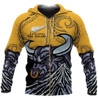 New Zealand Taranaki Zip up Hoodie, Maori Bull Zipper Hoodie Zip Hoodie Black - Polynesian Pride
