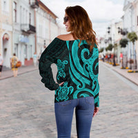 Northern Mariana Islands Women's Off Shoulder Sweater - Turquoise Tentacle Turtle - Polynesian Pride