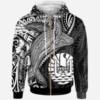 Tahiti Zip up Hoodie Humpback Whale & Coat of Arms White Unisex White - Polynesian Pride