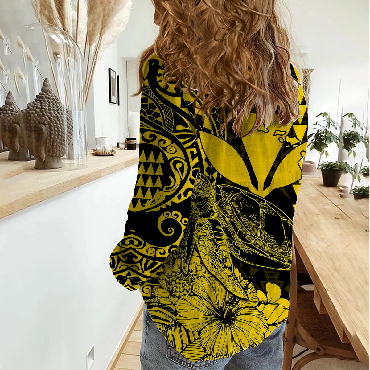 Kakau Polynesian Tribal Hawaiian Turtle with Kanaka Maoli Yellow Women Casual Shirt LT9 - Polynesian Pride