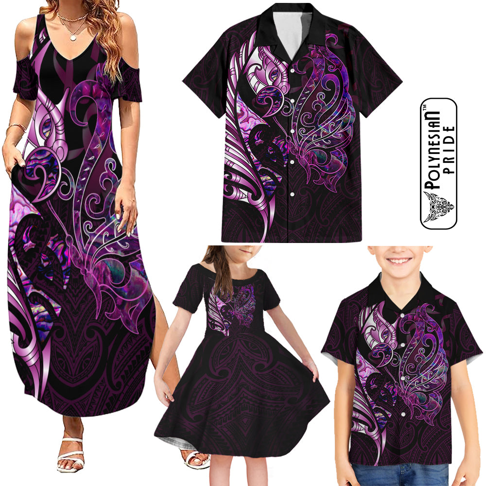 New Zealand Breast Cancer Family Matching Summer Maxi Dress and Hawaiian Shirt Pink Manaia Fern With Paua Shell LT14 Pink - Polynesian Pride