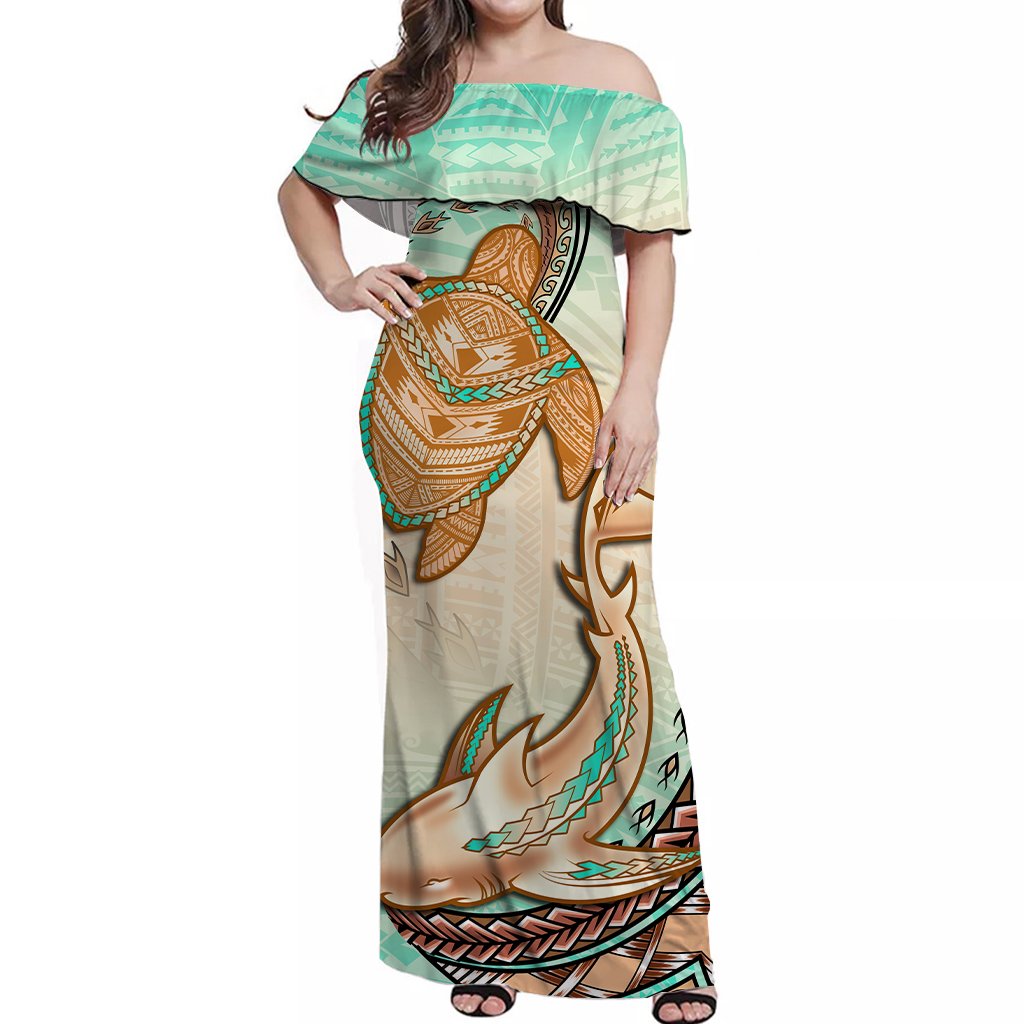 Hawaii Couple Outfits Hawaii Matching Dress and Hawaiian Shirt Polynesian Shark And Sea Turtle Dreamy Turquoise Artsy LT14