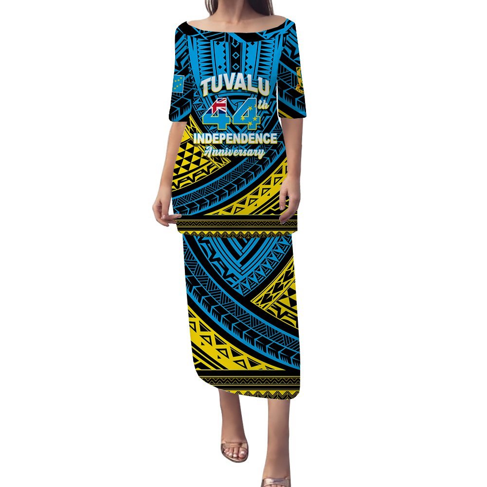 Tuvalu Puletasi Dress 44th Independence Anniversary - Tribal Pattern - LT12 Long Dress Blue - Polynesian Pride