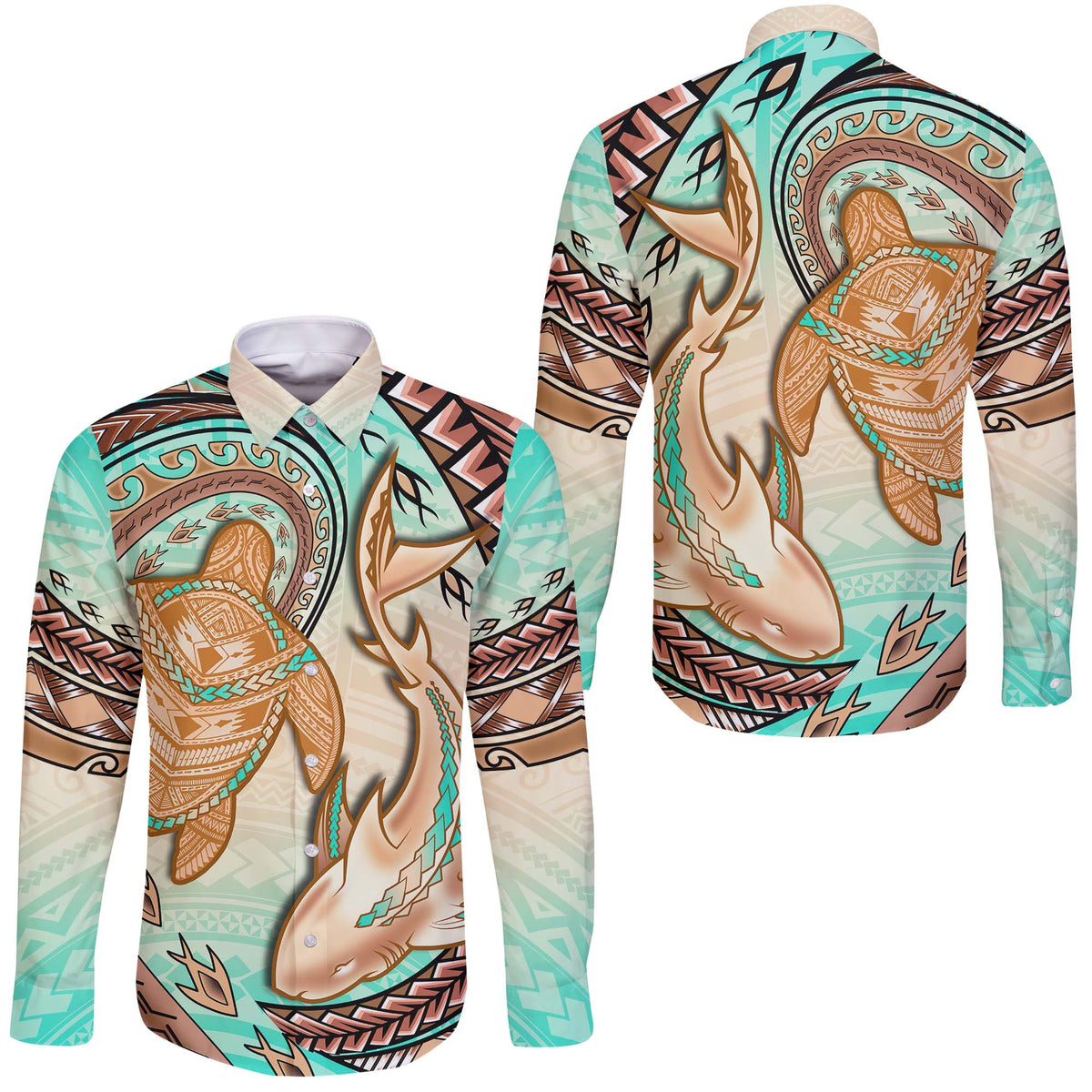 Hawaii Long Sleeve Button Shirt Polynesian Shark And Sea Turtle Dreamy Turquoise Artsy LT14 - Polynesian Pride