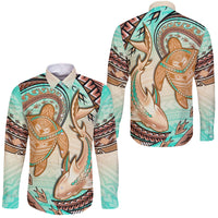 Hawaii Long Sleeve Button Shirt Polynesian Shark And Sea Turtle Dreamy Turquoise Artsy LT14 - Polynesian Pride