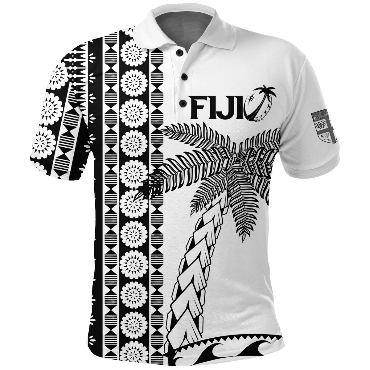 Fiji Rugby Polo Shirt Coconut Tree With Tapa Pattern LT12 White - Polynesian Pride