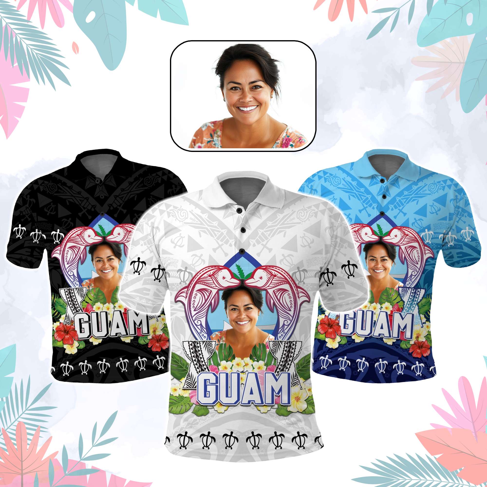 Custom Photo Guam Chamorro Polo Shirt Tribal Latte Stone With Dolphins | Polynesian Pride