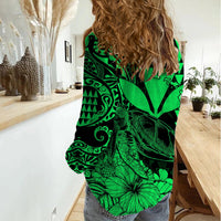 Kakau Polynesian Tribal Hawaiian Turtle with Kanaka Maoli Green Women Casual Shirt LT9 - Polynesian Pride