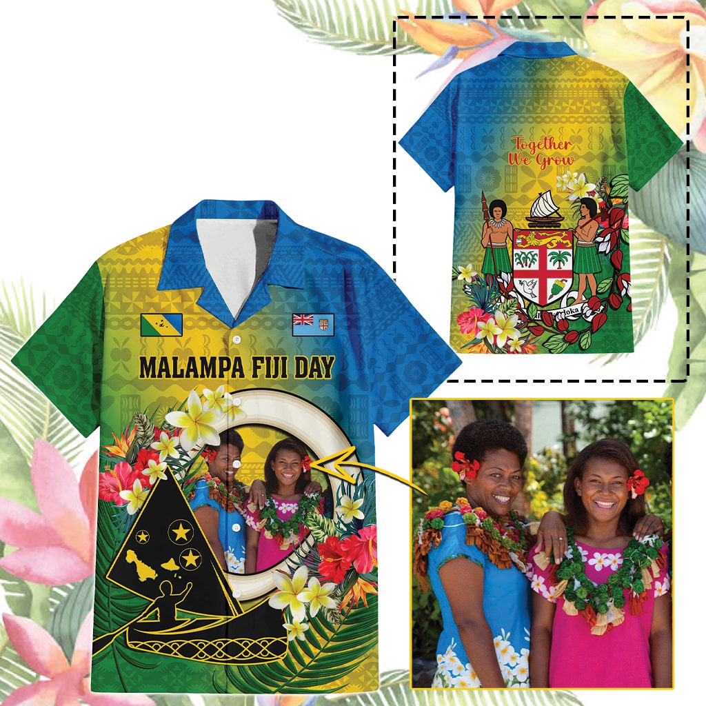Custom Photo Malampa Fiji Day Hawaiian Shirt Together We Grow Coat Of Arms Tropical Flowers CTM14 - Polynesian Pride
