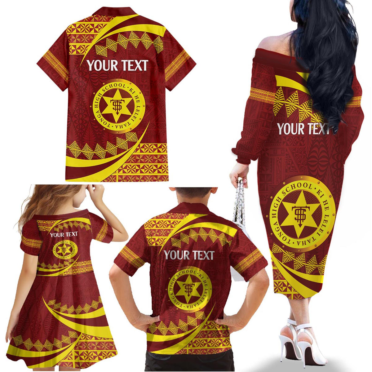 Personalised Tonga High School Family Matching Off The Shoulder Long Sleeve Dress and Hawaiian Shirt Happy 77 Years Anniversary LT14 - Polynesian Pride