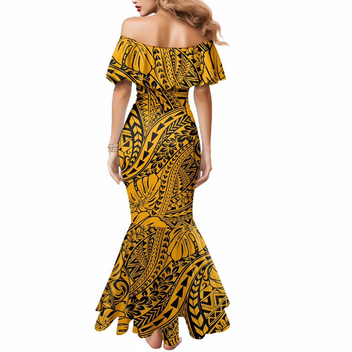 Gold Hawaii Family Matching Mermaid Dress and Hawaiian Shirt - Tribal Art LT14 - Polynesian Pride