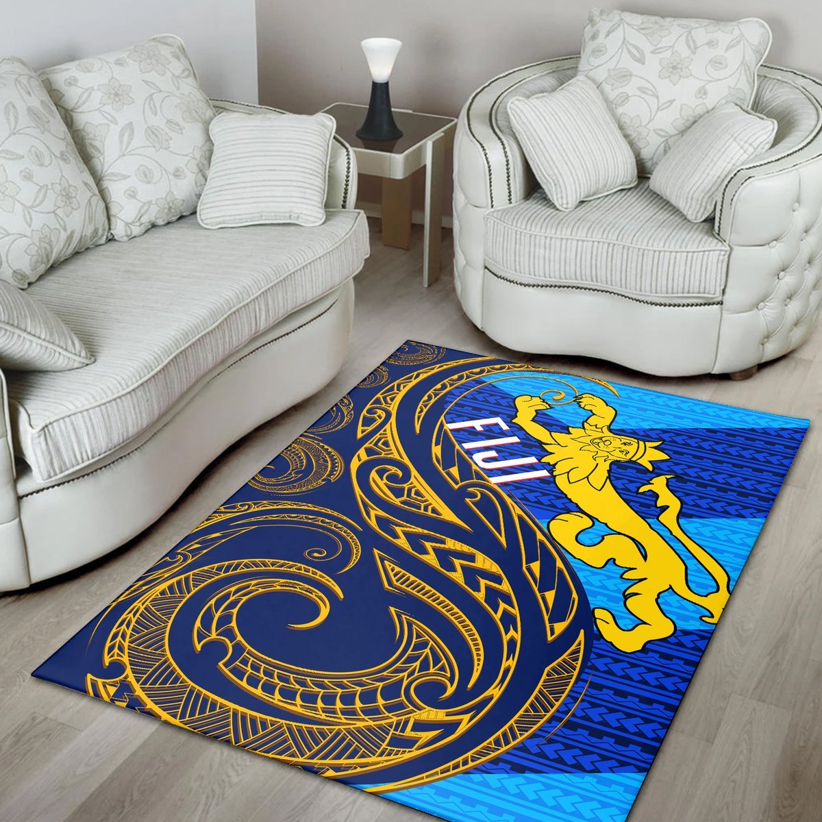 Fiji Area Rug - Flag's Color With Gold Polynesian Pattern - LT20 Blue - Polynesian Pride