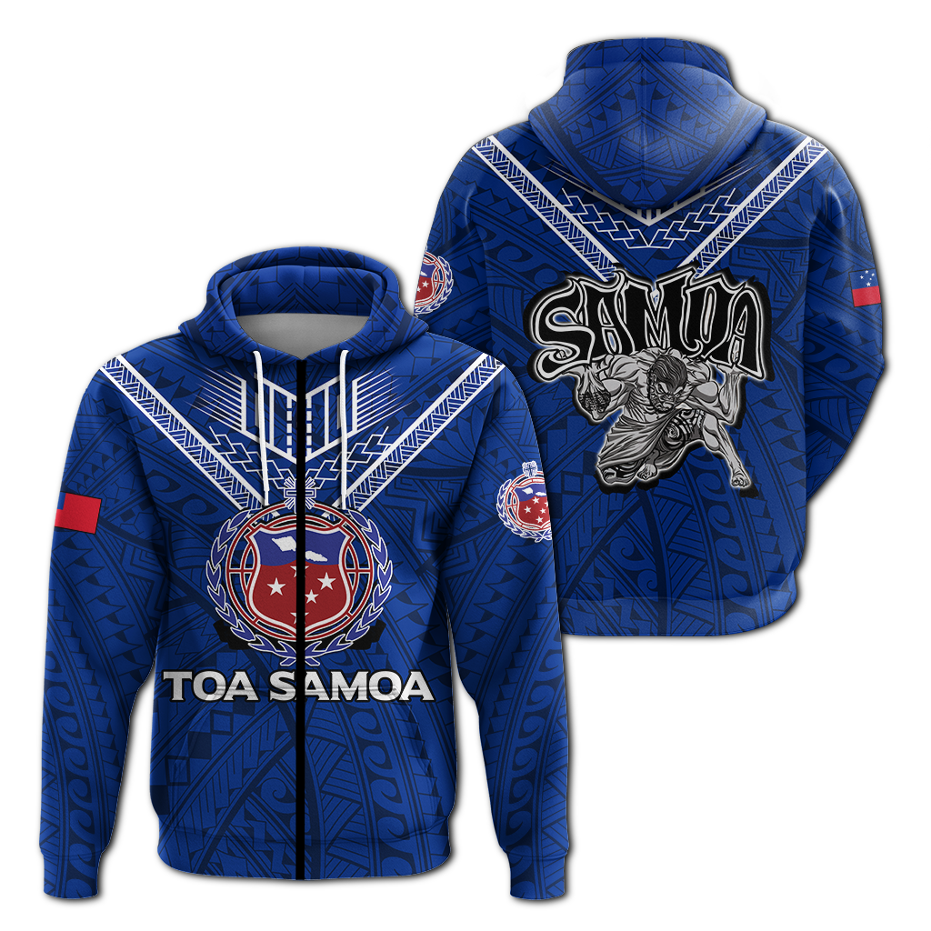 Toa Samoa Rugby Hoodie - Samoan Warrior Pride LT12 Zip Hoodie Blue - Polynesian Pride