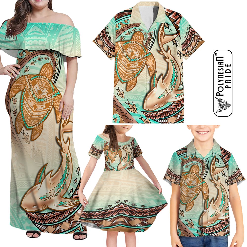 Hawaii Family Matching Outfits Off Shoulder Maxi Dress And Hawaiian Shirt Polynesian Shark Sea Turtle Dreamy LT14 Dad's Shirt - 5XL - Polynesian Pride
