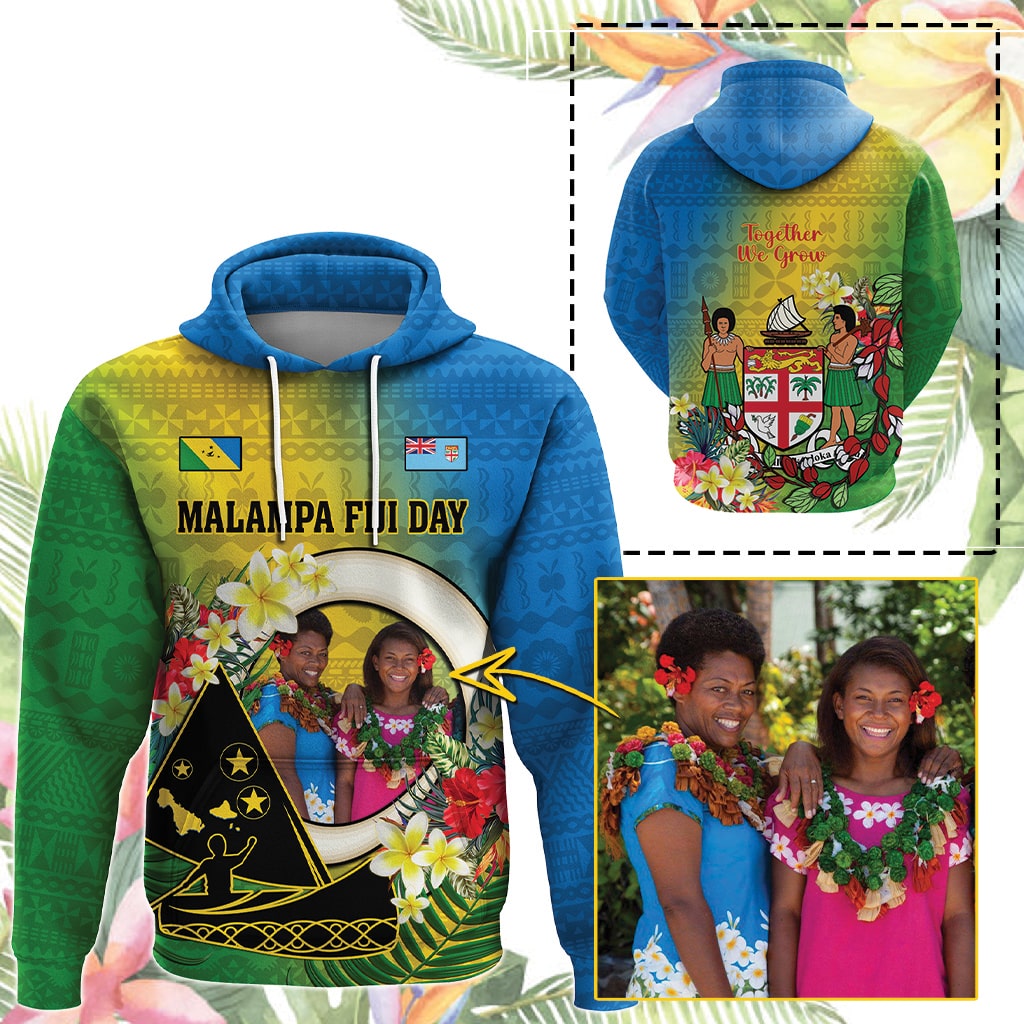 Custom Photo Malampa Fiji Day Hoodie Together We Grow Coat Of Arms Tropical Flowers CTM14 - Polynesian Pride