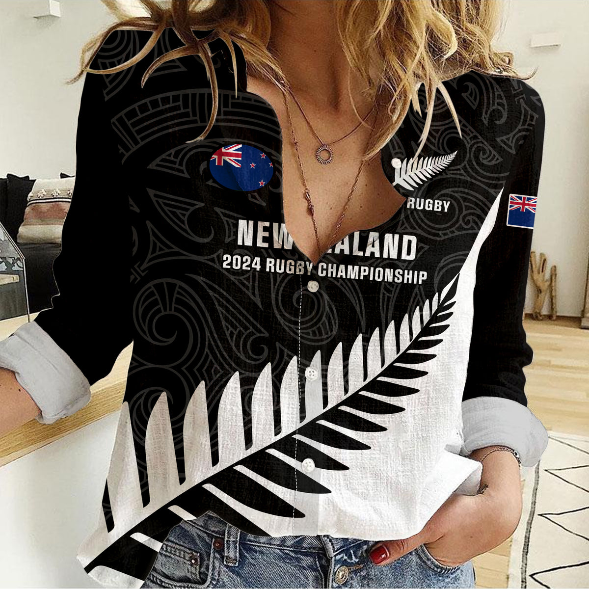 New Zealand Silver Fern Rugby Women Casual Shirt All Black Go Champions Maori Pattern LT14 Female Black - Polynesian Pride