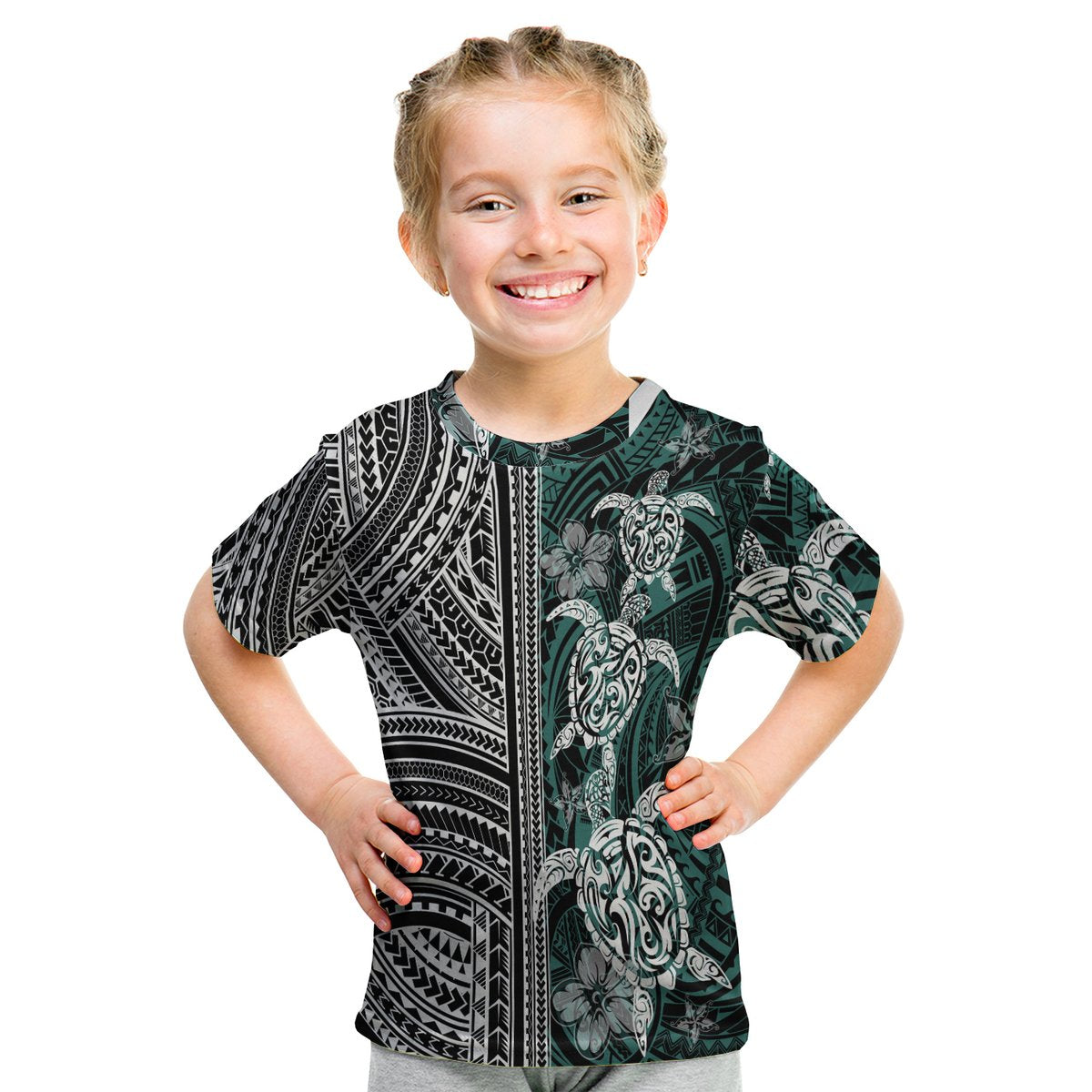 Polynesian T Shirt Kid - Turtle With Ethnic Motives And Floral Elements - LT20 Youth XL Size14 - Polynesian Pride