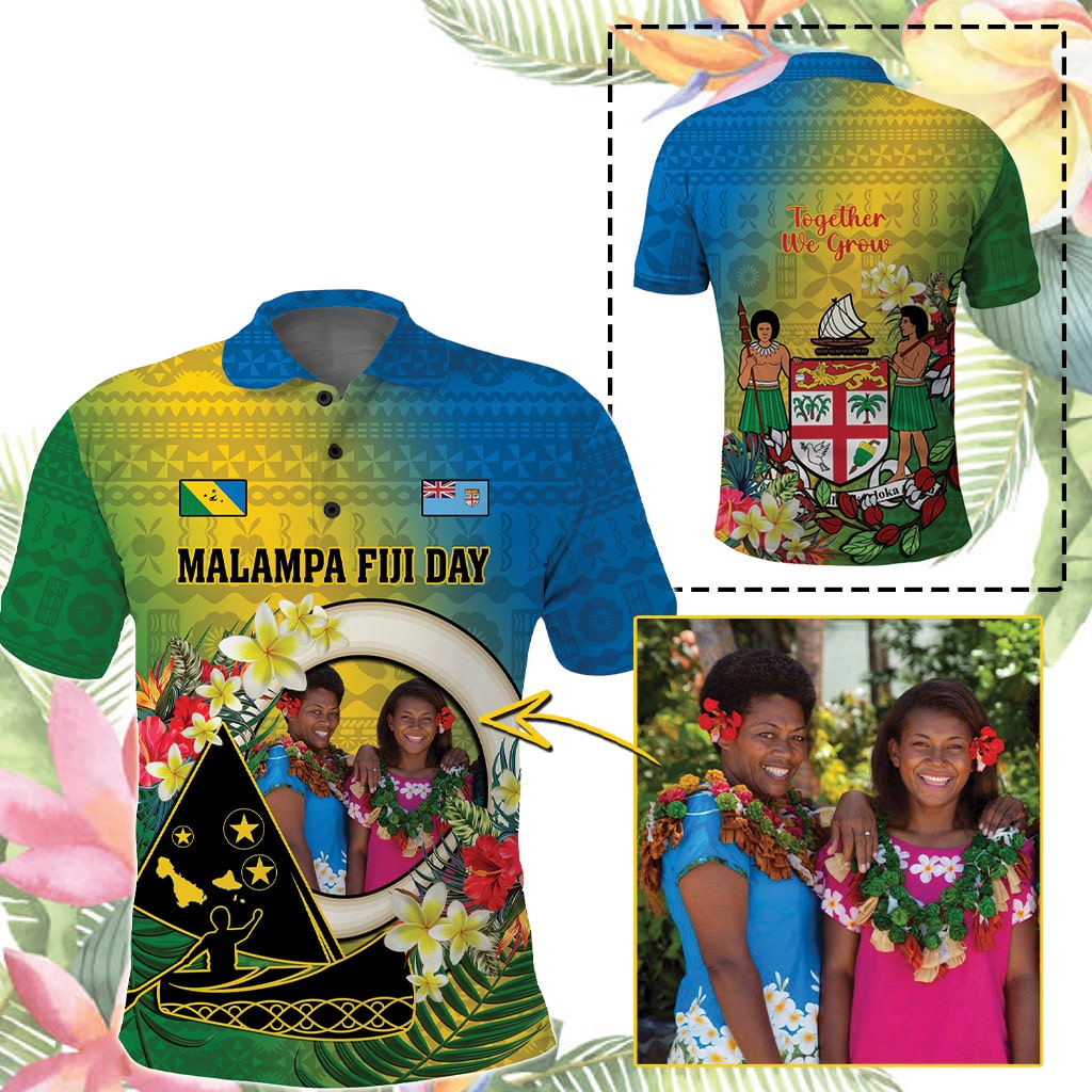 Custom Photo Malampa Fiji Day Polo Shirt Together We Grow Coat Of Arms Tropical Flowers CTM14 Blue - Polynesian Pride
