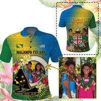 Custom Photo Malampa Fiji Day Polo Shirt Together We Grow Coat Of Arms Tropical Flowers CTM14 Blue - Polynesian Pride