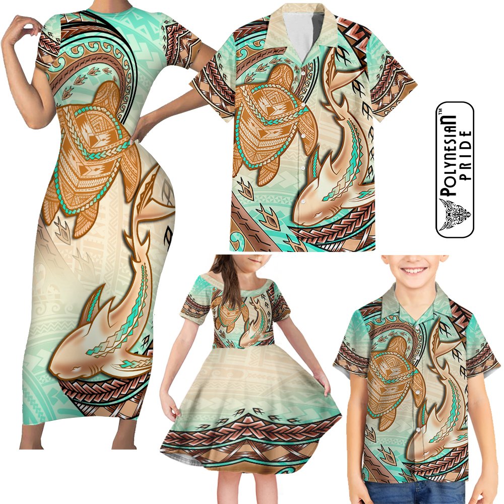 Hawaii Family Matching Outfits Short Sleeve Bodycon Dress And Hawaiian Shirt Polynesian Shark Sea Turtle Dreamy LT14 Dad's Shirt - 5XL - Polynesian Pride
