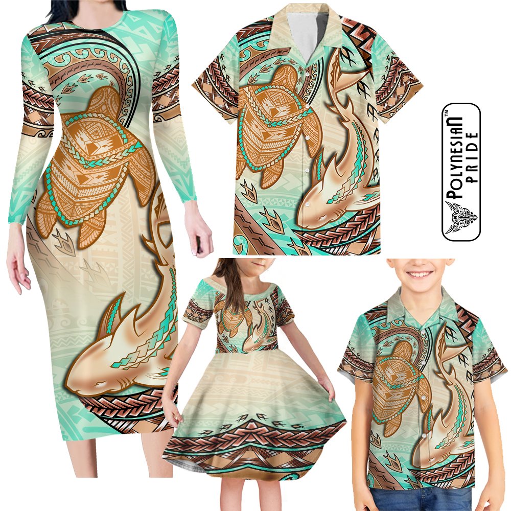 Hawaii Family Matching Outfits Long Sleeve Bodycon Dress Hawaiian Shirt Polynesian Shark Sea Turtle Dreamy LT14 Dad's Shirt - 5XL - Polynesian Pride