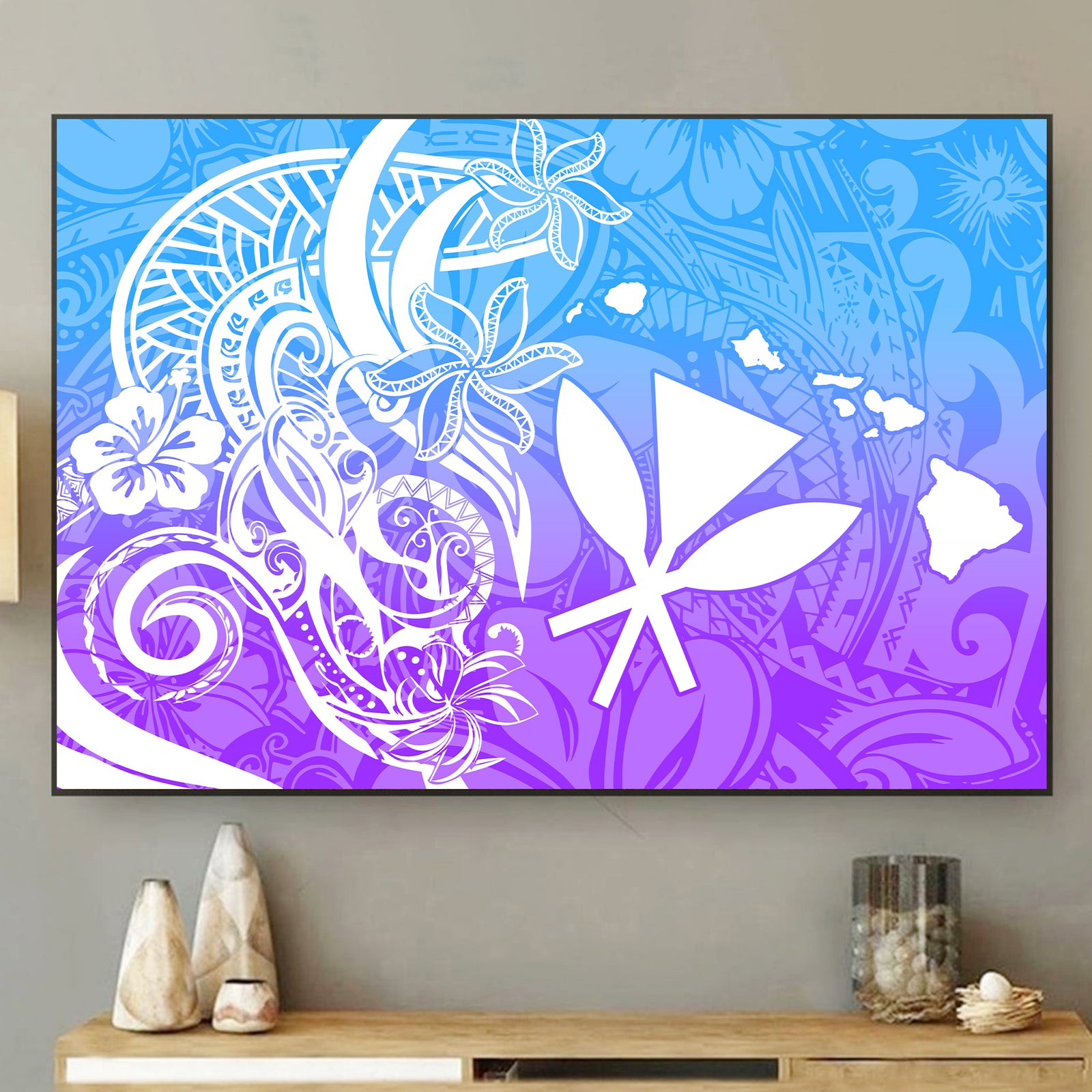 Polynesian Tribal Plumeria and Hawaii Kanaka Maoli Canvas Wall Art Blue Gradient Version LT9 - Polynesian Pride