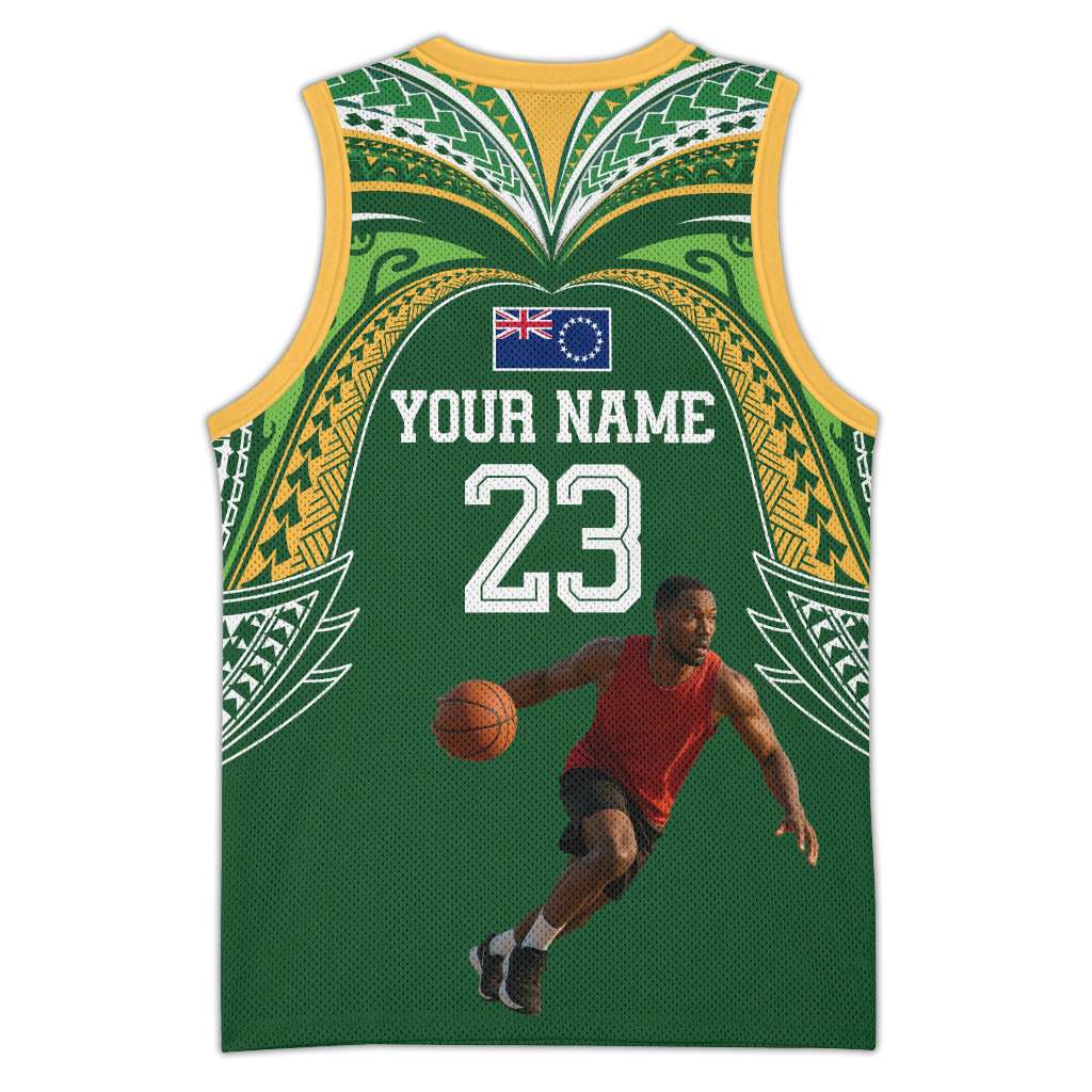 Custom Photo Cook Islands Basketball Jersey Tatau Tribal Motifs Green Color