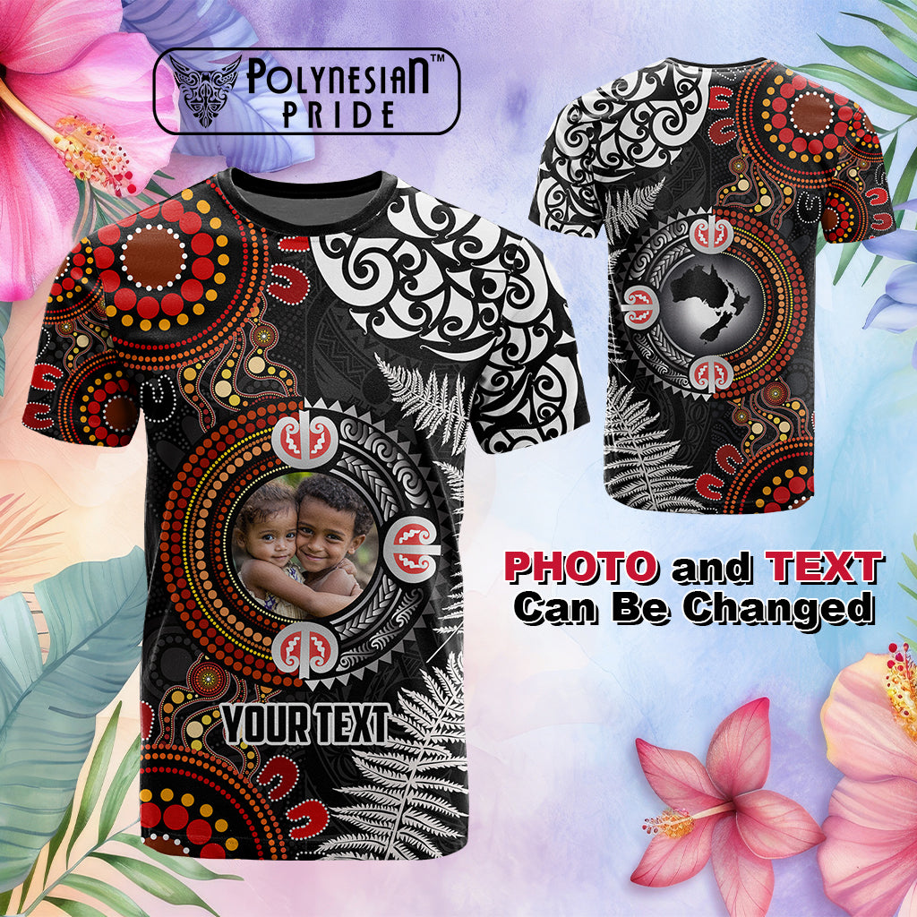 Custom Photo Australia and New Zealand Together T Shirt Aboriginal and Maori Art Tattoo