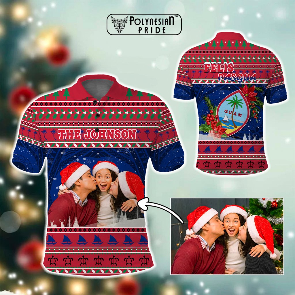 Custom Photo Guam Christmas Polo Shirt Guaman Seal Poinsettia Felis Pasgua CTM05 Blue - Polynesian Pride