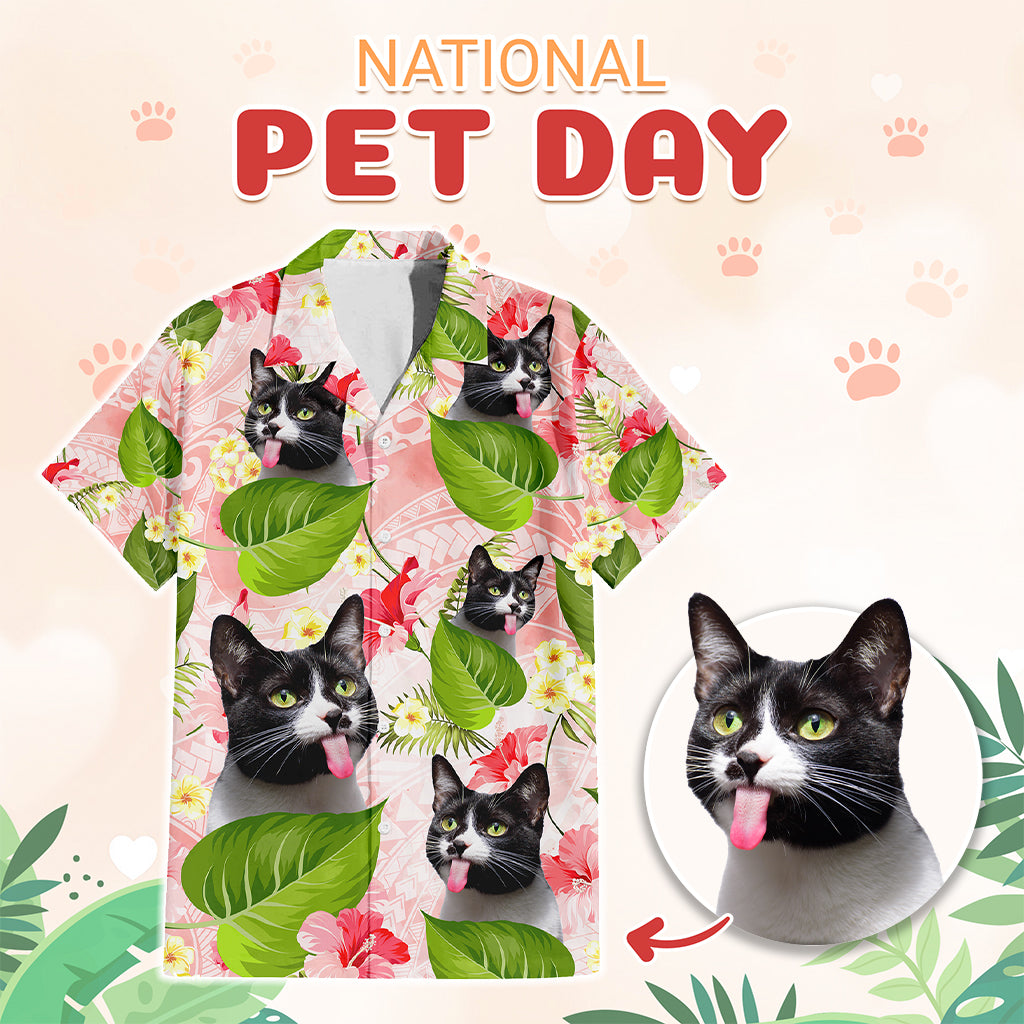 Custom Photo Funny Pet Face - National Pet Day Hawaiian Shirt Polynesian Pattern
