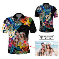 Custom Photo Polynesian Shark Tattoo Polo Shirt Beauty Pacific Flowers - Polynesian Pride