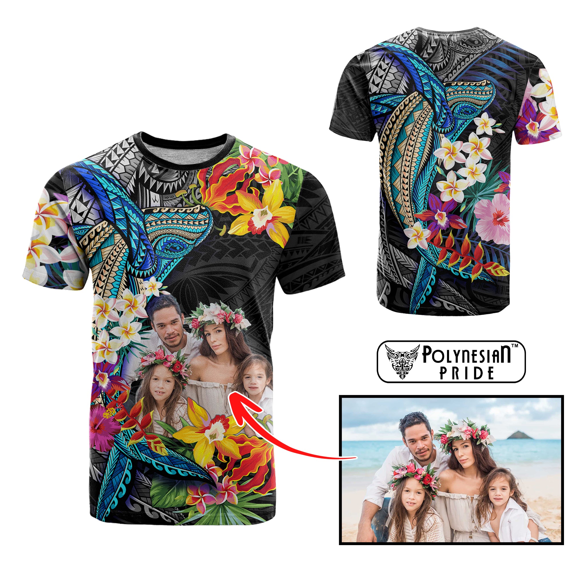 Custom Photo Polynesian Shark Tattoo T Shirt Beauty Pacific Flowers - Polynesian Pride