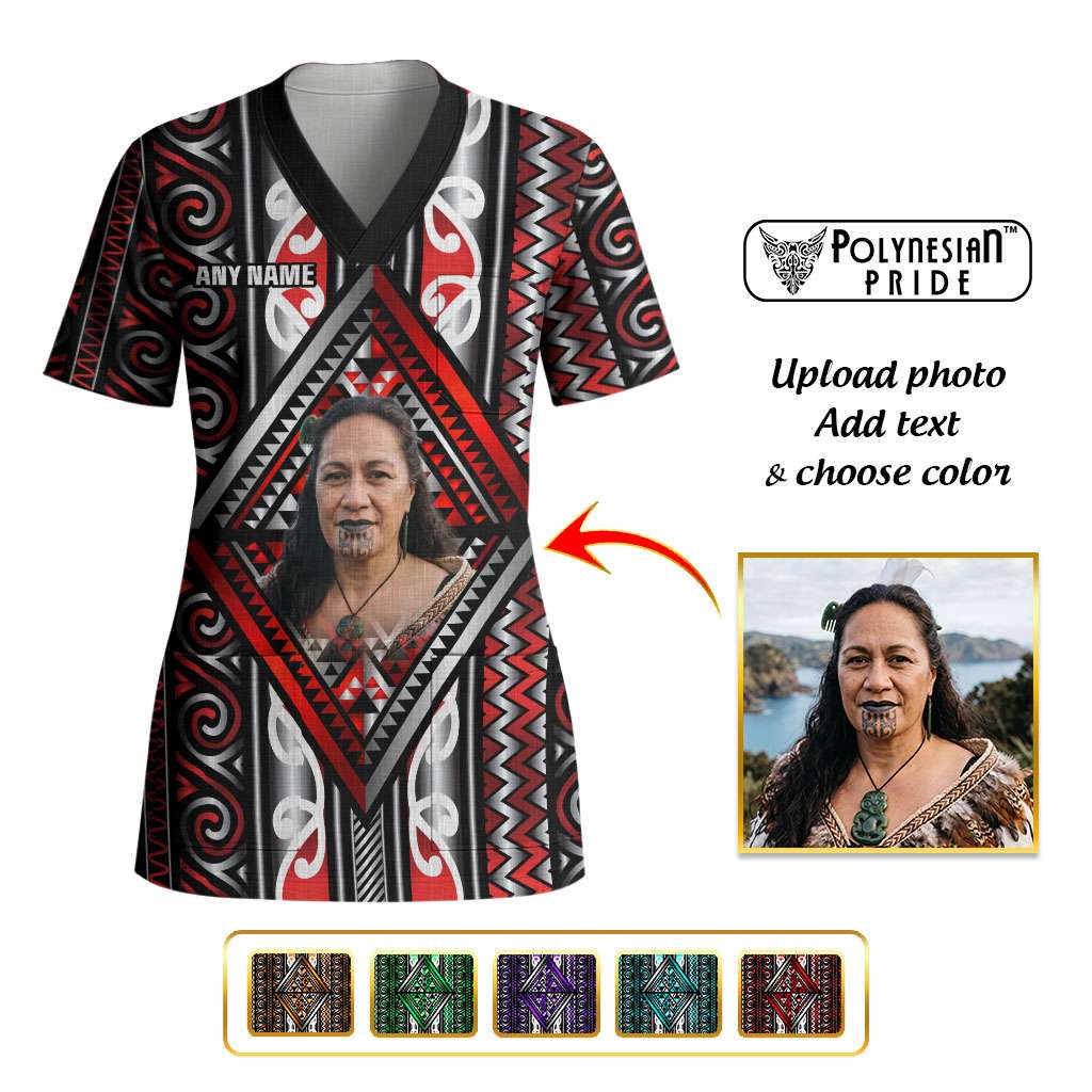 Personalised Aotearoa Iwi Photo Name Scrub Top Traditional Maori Taniko Kowhaiwhai Pattern CTM09 Adult Multicolor - Polynesian Pride