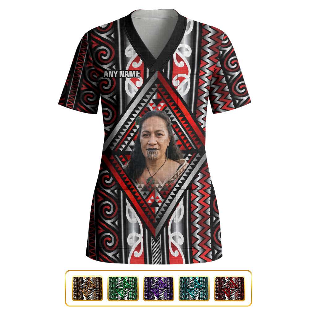 Personalised Aotearoa Iwi Photo Name Scrub Top Traditional Maori Taniko Kowhaiwhai Pattern CTM09 - Polynesian Pride