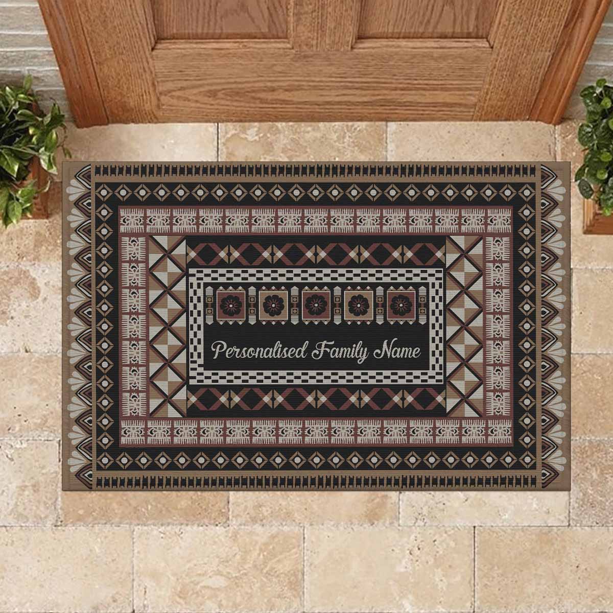 Custom Bula Fiji Family Name Rubber Doormat Vintage Fijian Tribal Tapa Pattern