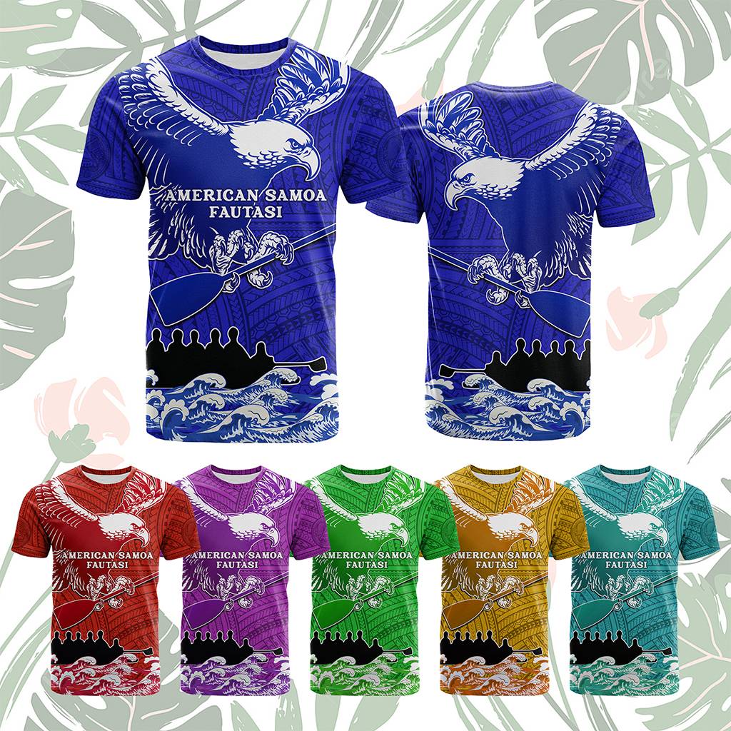 Custom American Samoa Fautasi Race T Shirt Eagle With Polynesian Pattern