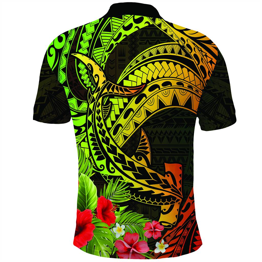Custom Photo Polynesian Countries Polo Shirt Flowers Hammerhead Shark With Coat of Arms