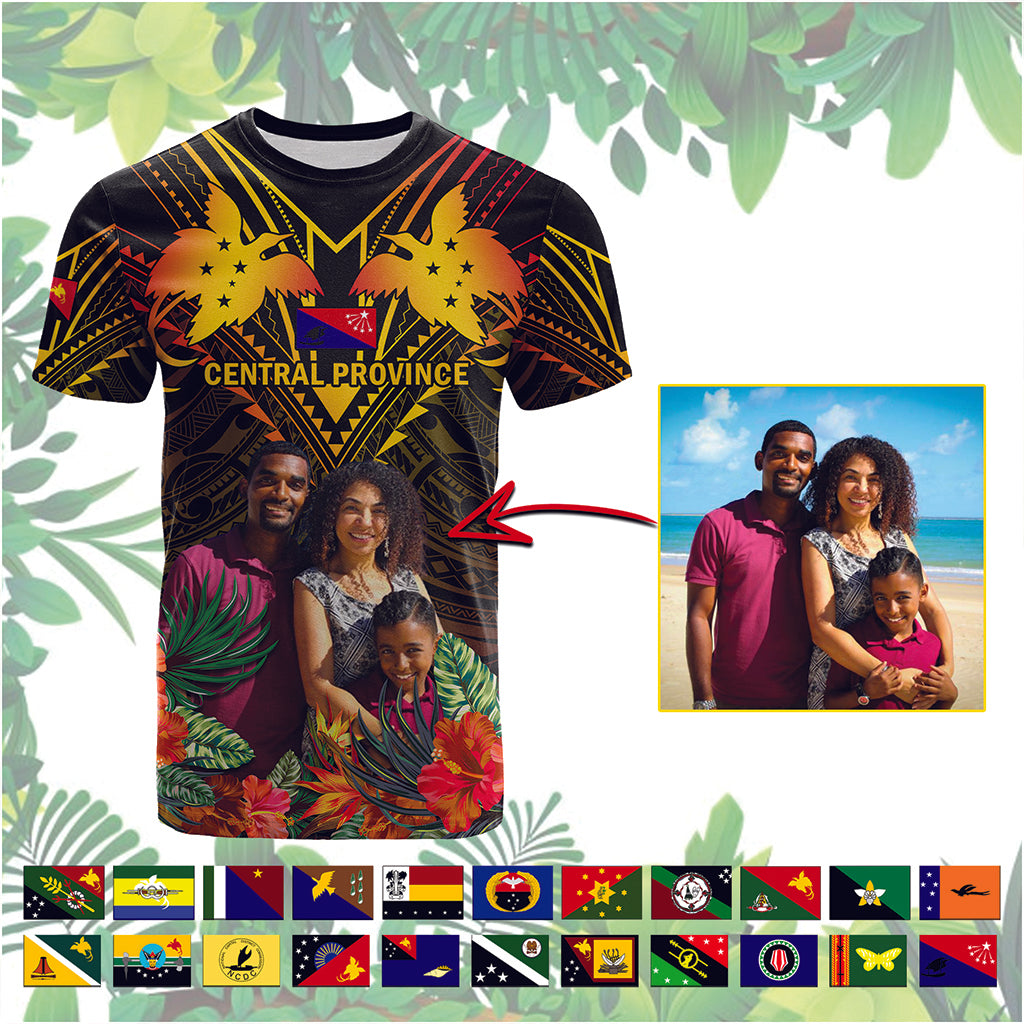 Custom Photo Papua New Guinea Provinces T Shirt Flag With Polynesian Tropical Flowers - Polynesian Pride