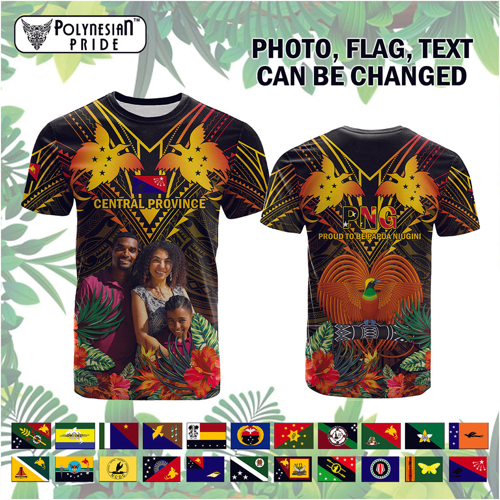 Custom Photo Papua New Guinea Provinces T Shirt Flag With Polynesian Tropical Flowers - Polynesian Pride
