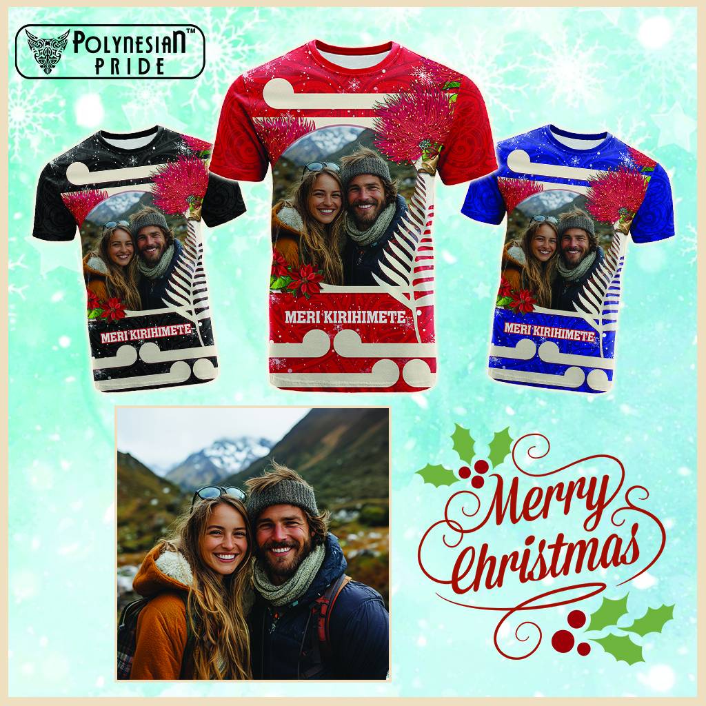 Custom Photo Kia Ora New Zealand T Shirt Pohutukawa Kiwi Santa Meri Kirihimete