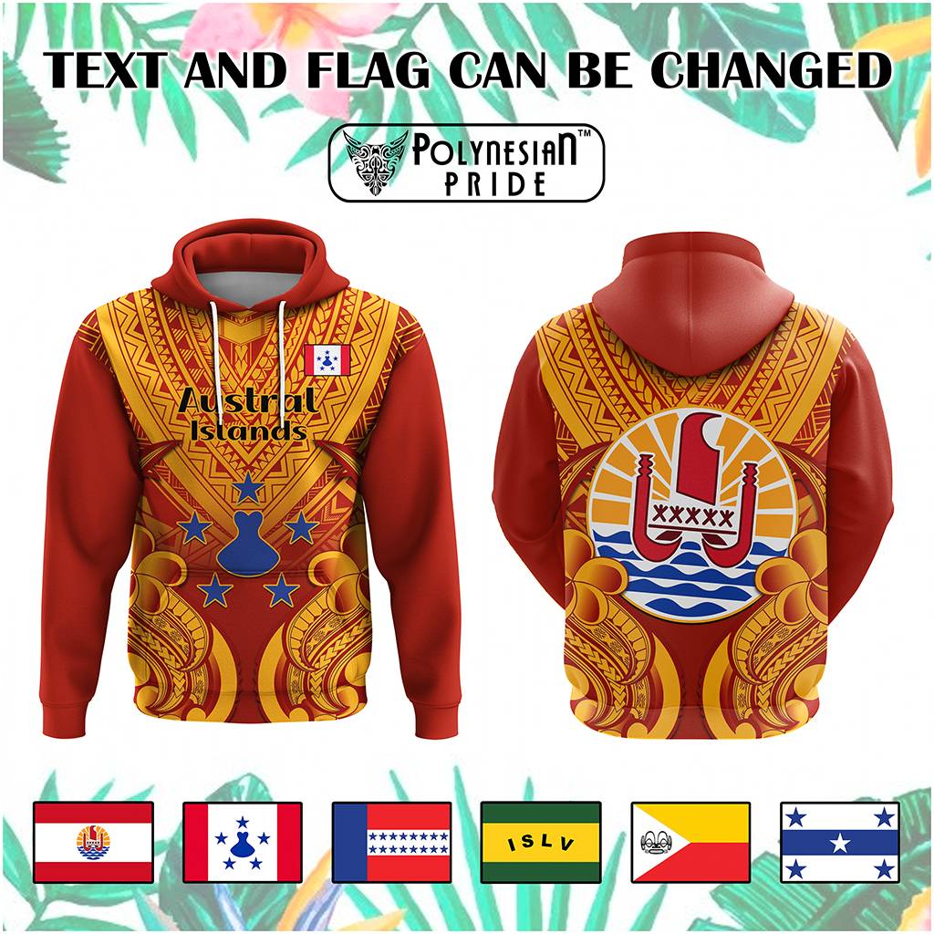 Custom French Polynesia Hoodie Five Groups Of Islands Flag Plumeria Polynesian Tribal