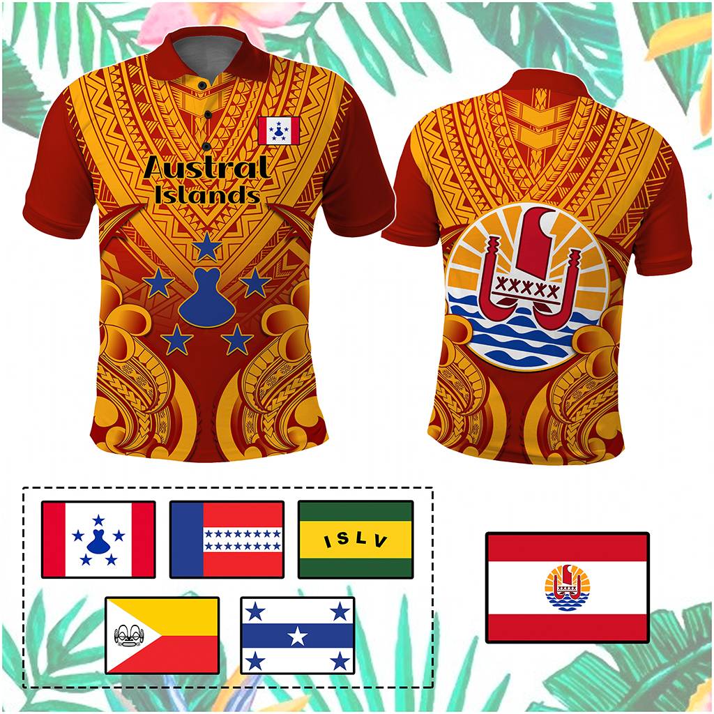 Custom French Polynesia Polo Shirt Five Groups Of Islands Flag Plumeria Polynesian Tribal