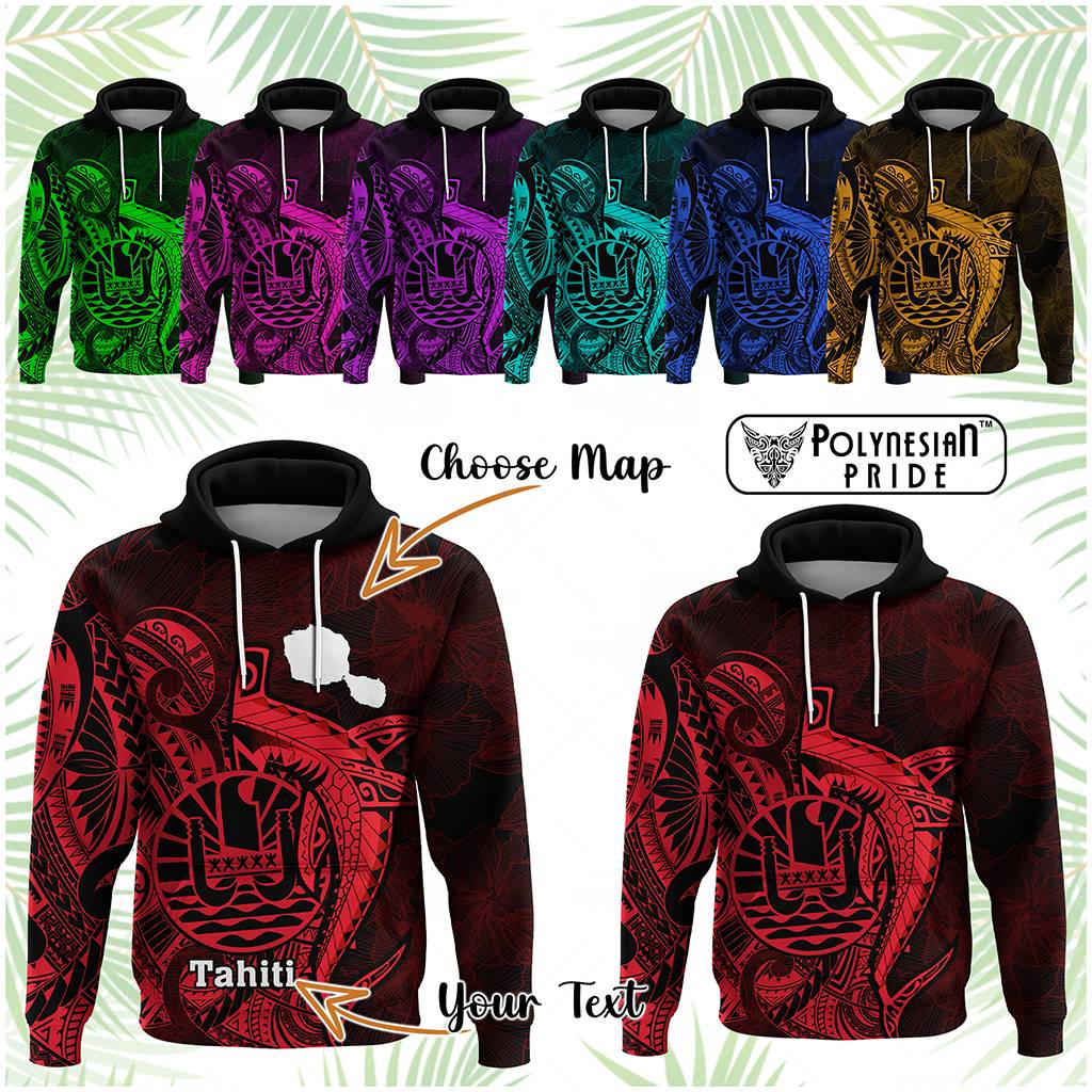 Custom French Polynesia Hoodie Map Of Islands Flag Hibiscus With Polynesian Shark Tattoo