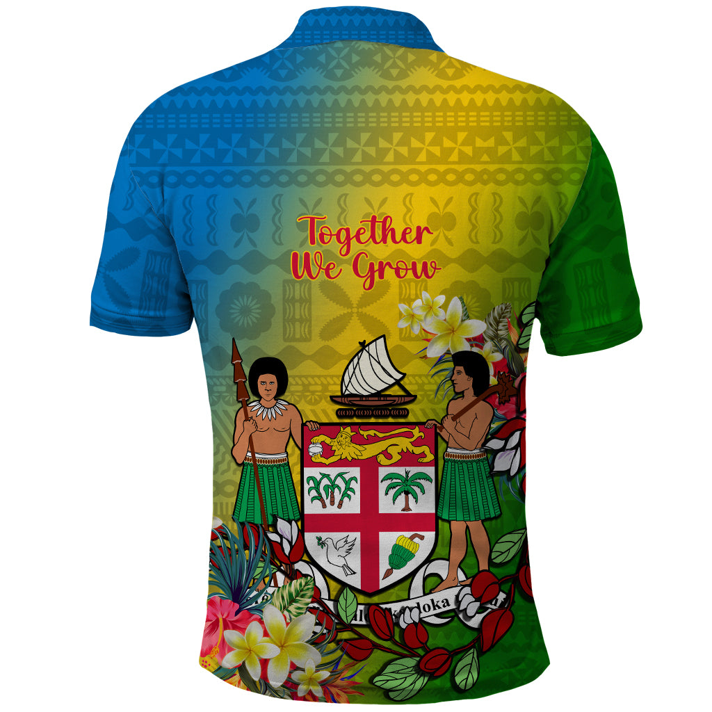 Custom Photo Malampa Fiji Day Polo Shirt Together We Grow Coat Of Arms Tropical Flowers CTM14 - Polynesian Pride