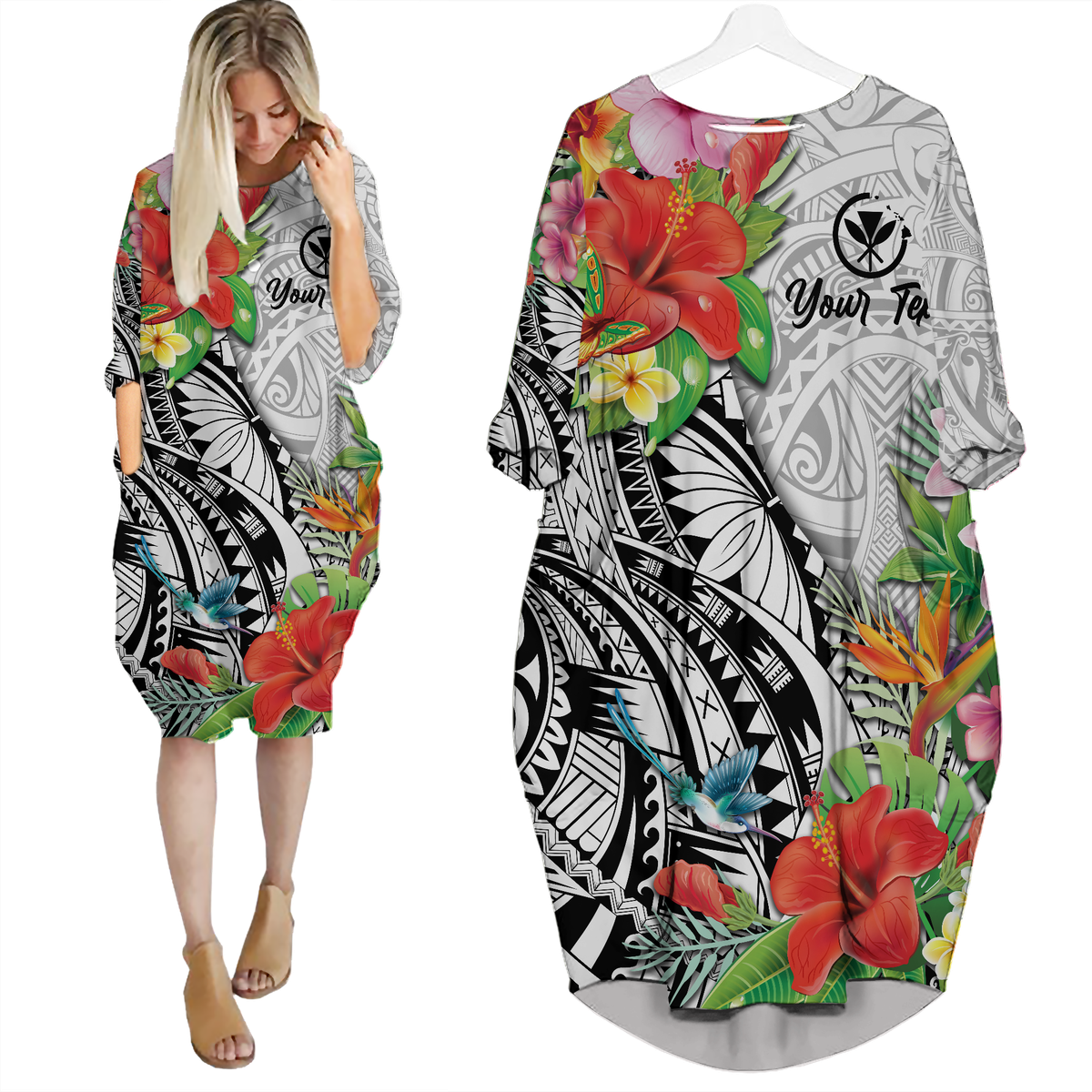 (Custom Personalised) Hawaii Hibiscus Kanaka Polynesia Batwing Pocket Dress - LT2 Women WHITE - Polynesian Pride